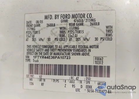 2006 Ford Ranger Sport/Stx/Xlt из США, поврежденный, VIN 1FTYR44E36PA10723